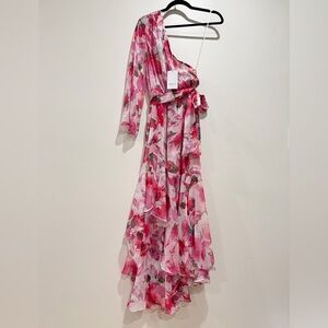 NEW MISA $480 Sabrina Dress One Shoulder Belted Ruffle Midi Floral Pink, XS/ 0-2